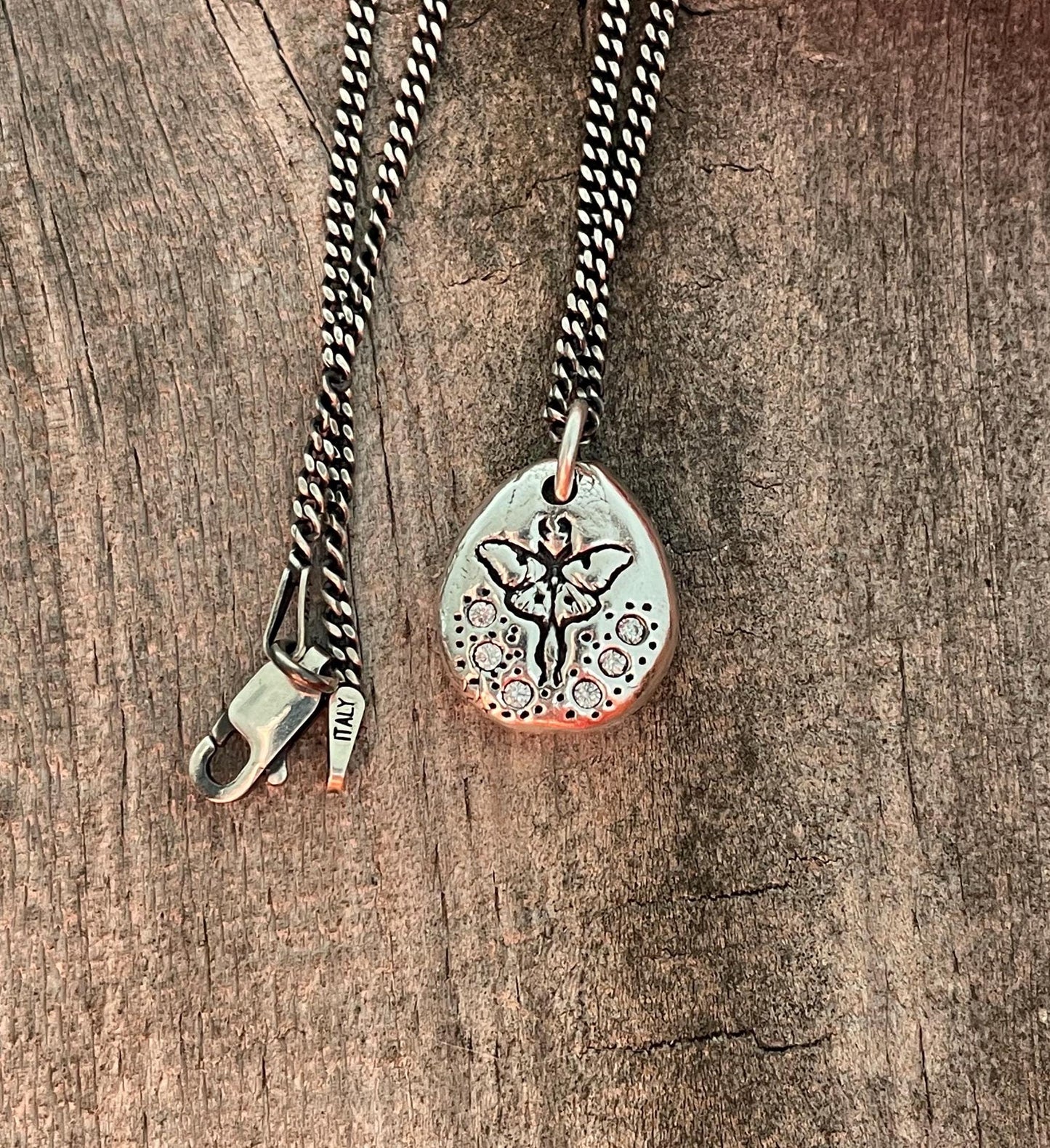Luna Moth CZ Stone Silver Stamped Pendant Necklace, Handmade Silver Charm, Original Design by Liliane Ting