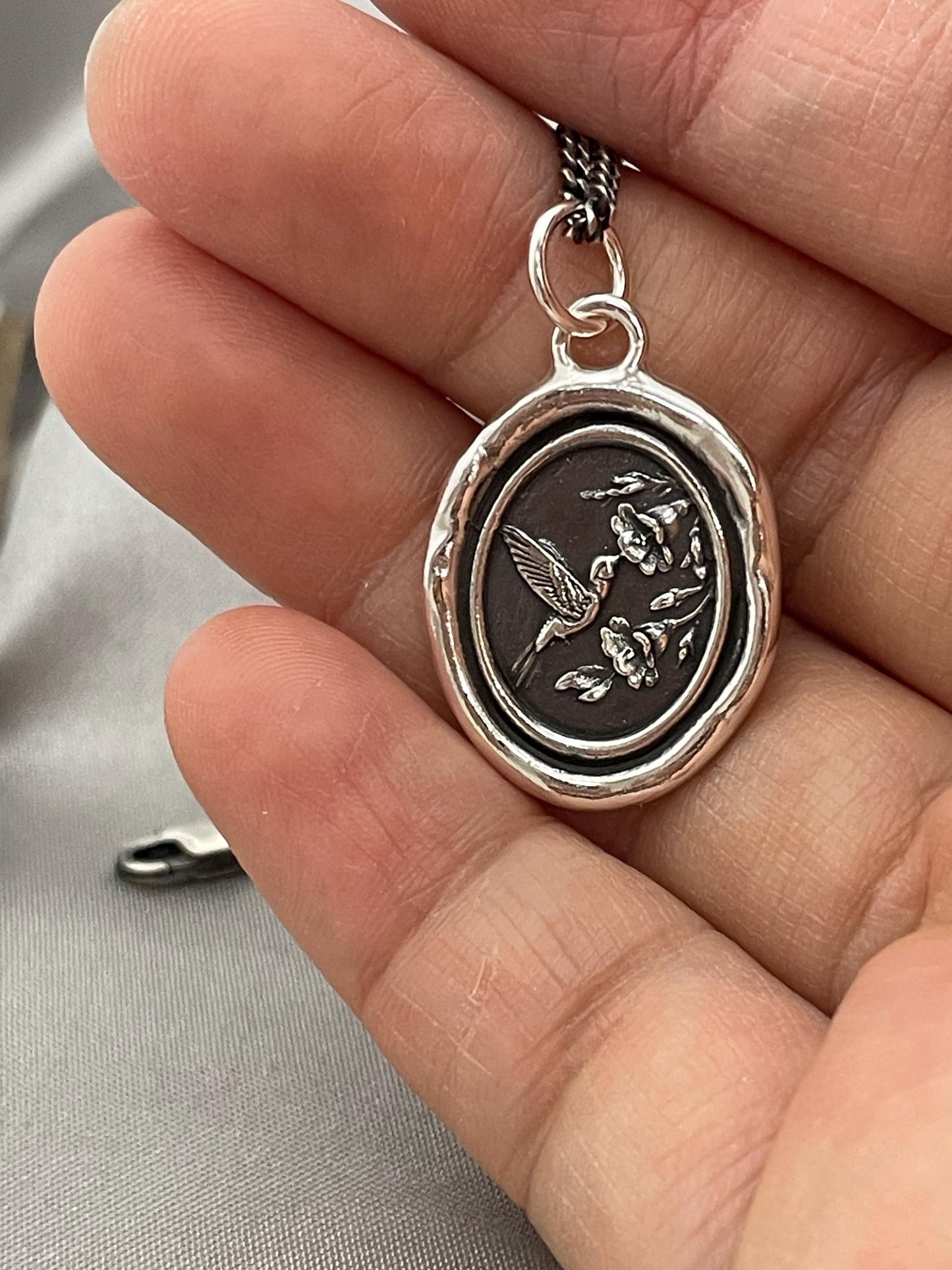 Hummingbird Flower Celestial Wax Seal Necklace Pendant, Handmade Solid Silver Talisman, Intaglio Seal Heirloom, Original Design LT093