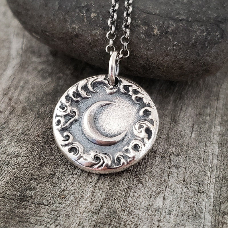 Crescent New Moon Cloud Pendant, Wax Seal Necklace, Handmade Silver Charm, Original Design by Liliane Ting LT059