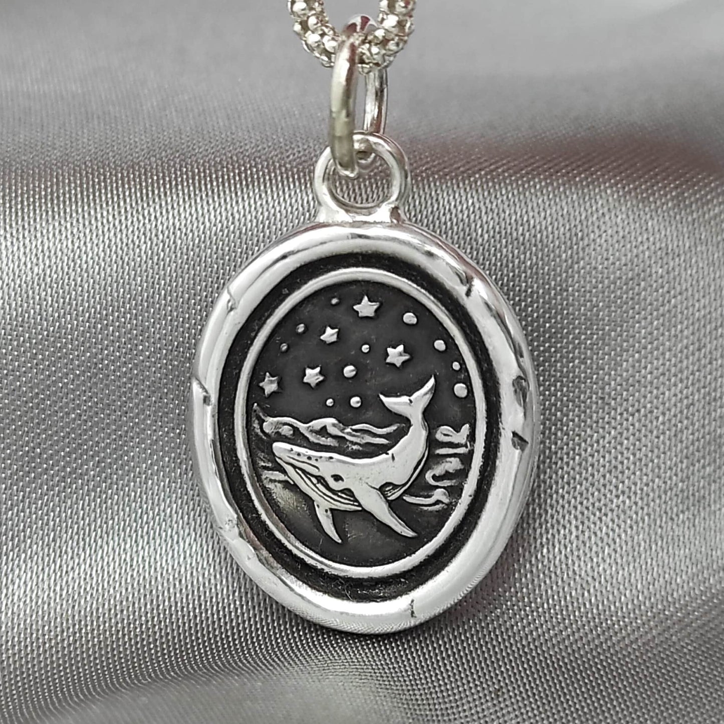 Whale Necklace, Wax Seal Ocean Celestial Pendant, Handmade Silver Charm, Intaglio Seal Heirloom, Original Design Liliane Ting 072