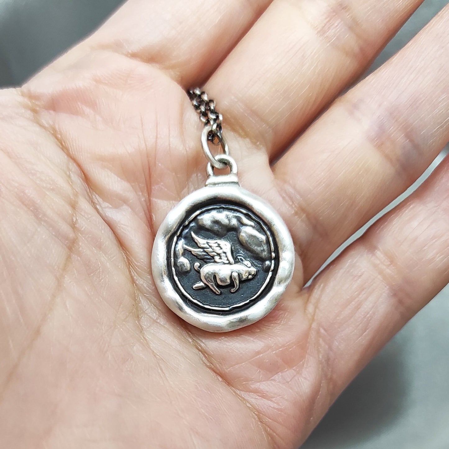 Flying Pig Pendant, Achieve Wax Seal Necklace, Handmade Silver Charm, Intaglio Seal Heirloom Original Design Liliane Ting LT022