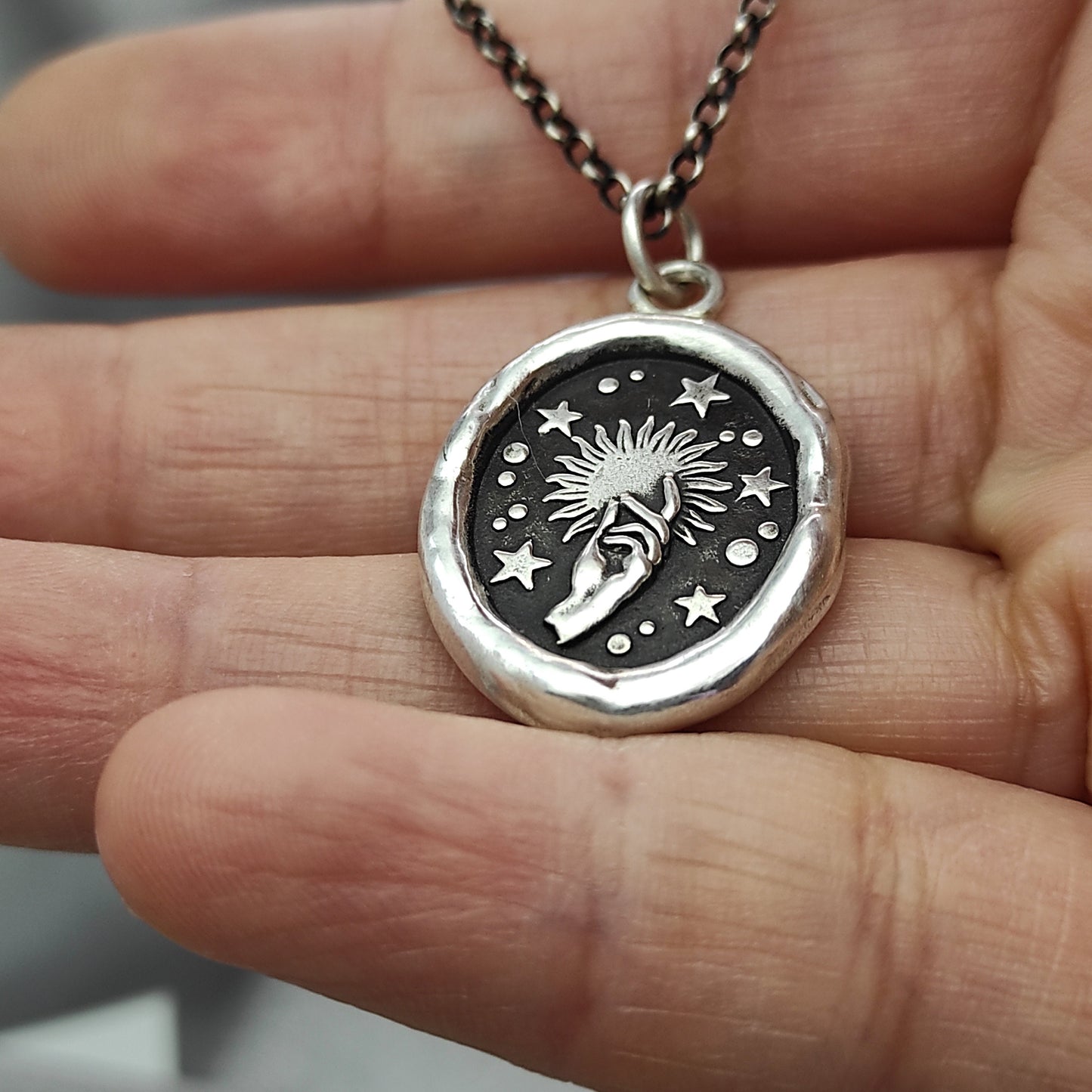 Celestial Sun Star Magic Hand Wax Seal Necklace Pendant, Handmade Silver Talisman, Intaglio Seal Heirloom, Original Design LT004