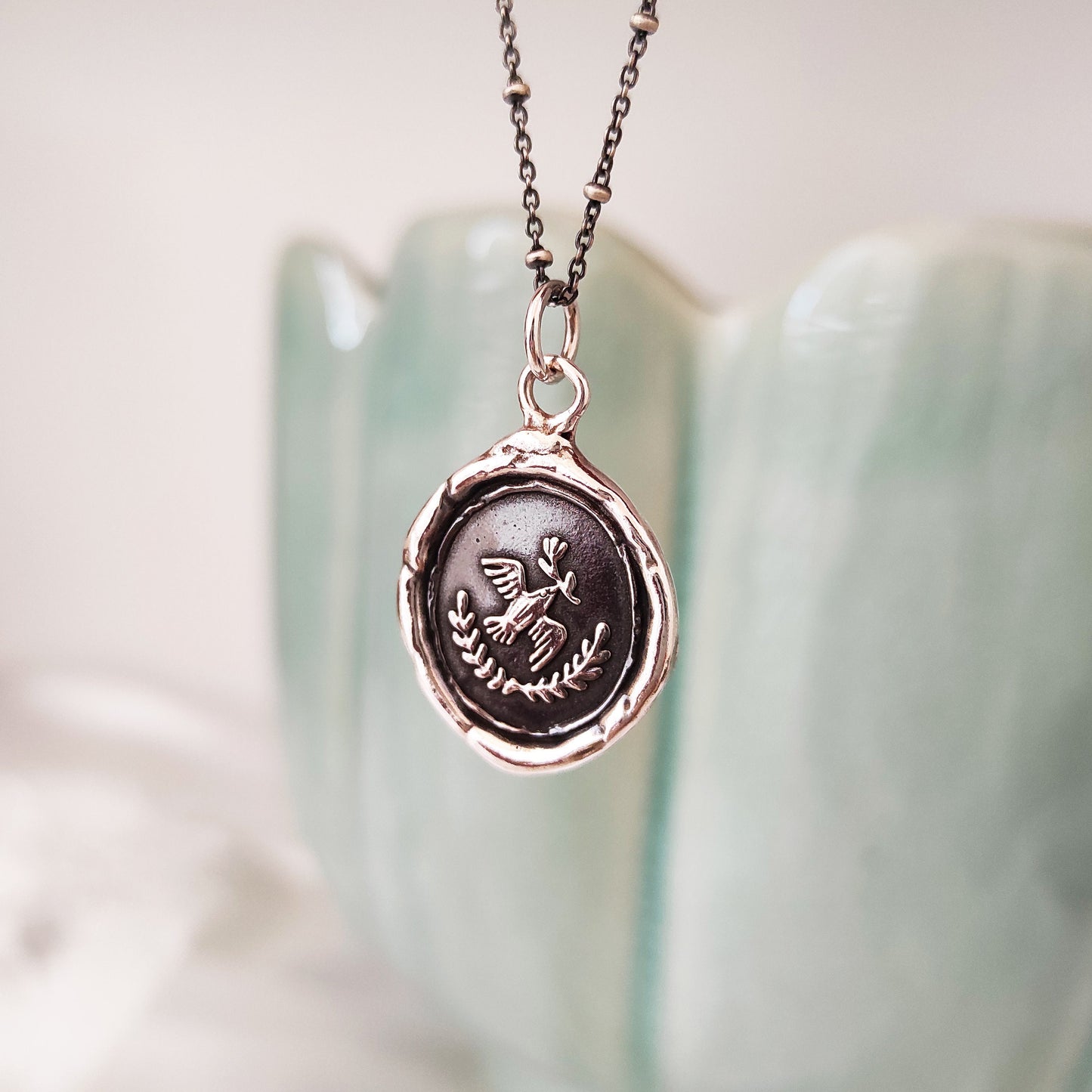 Bird Peace Love Pendant, Wax Seal Necklace, Handmade Silver Charm, Intaglio Seal Heirloom, Original Design by Liliane Ting LT005