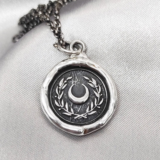 Crescent Moon Silver Pendant, Wreath Wax Seal Necklace, Handmade Silver Charm, Intaglio Seal Heirloom, Original Design Liliane Ting LT018