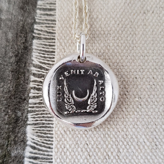 Crescent New Moon Necklace, Wax Seal Pendant/Wings /Latin Motto/Handmade Silver Talisman/Intaglio Seal Original Design LT056
