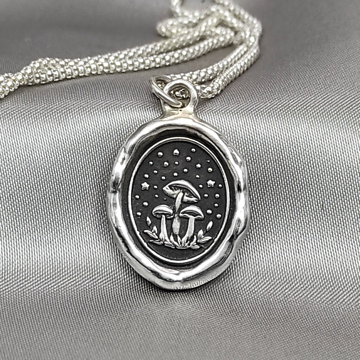 Mushroom Necklace, Wax Seal Celestial Star Pendant, Handmade Silver Charm, Intaglio Seal Heirloom, Original Design Liliane Ting LT006