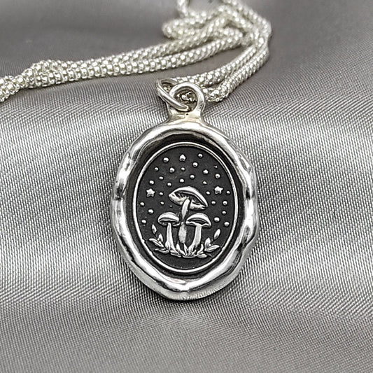 Mushroom Necklace, Wax Seal Celestial Star Pendant, Handmade Silver Charm, Intaglio Seal Heirloom, Original Design Liliane Ting LT006