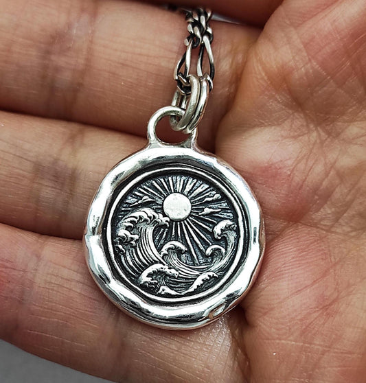Ocean Wave Sun Wax Seal Necklace Pendant, Handmade Silver Talisman, Intaglio Seal Heirloom, Original Design by Liliane Ting 085