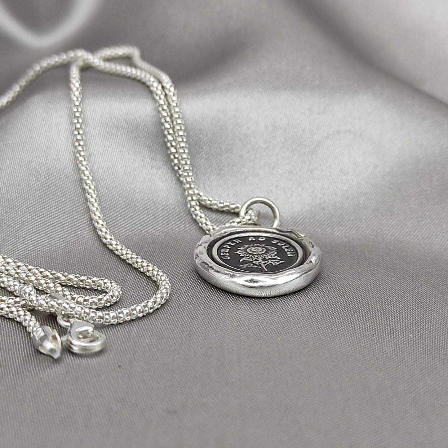 Sunflower Wax Seal Necklace Pendant, Handmade Silver Talisman, Intaglio Seal Heirloom, Original Design by Liliane Ting LT065