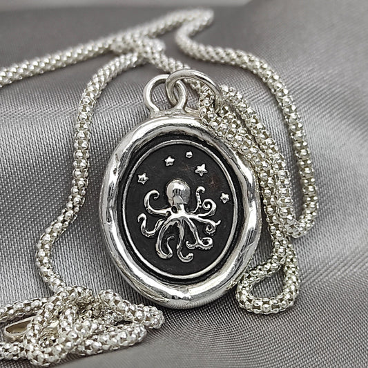 Octopus Necklace, Celestial Wax Seal Pendant, Handmade Silver Talisman, Intaglio Seal Heirloom, Original Design Liliane Ting 075