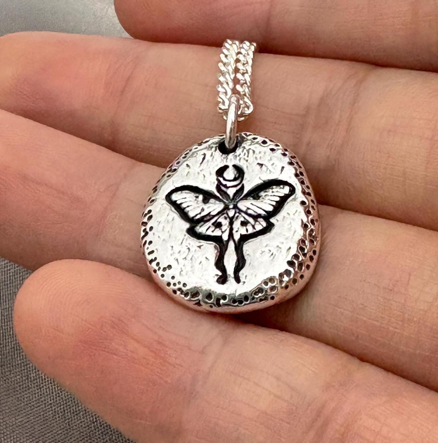 Unique Luna Moth Necklace Pendant, Handmade Silver Talisman, Stamped Bohemian Necklace, Original Design by Liliane Ting
