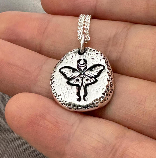 Unique Luna Moth Necklace Pendant, Handmade Silver Talisman, Stamped Bohemian Necklace, Original Design by Liliane Ting