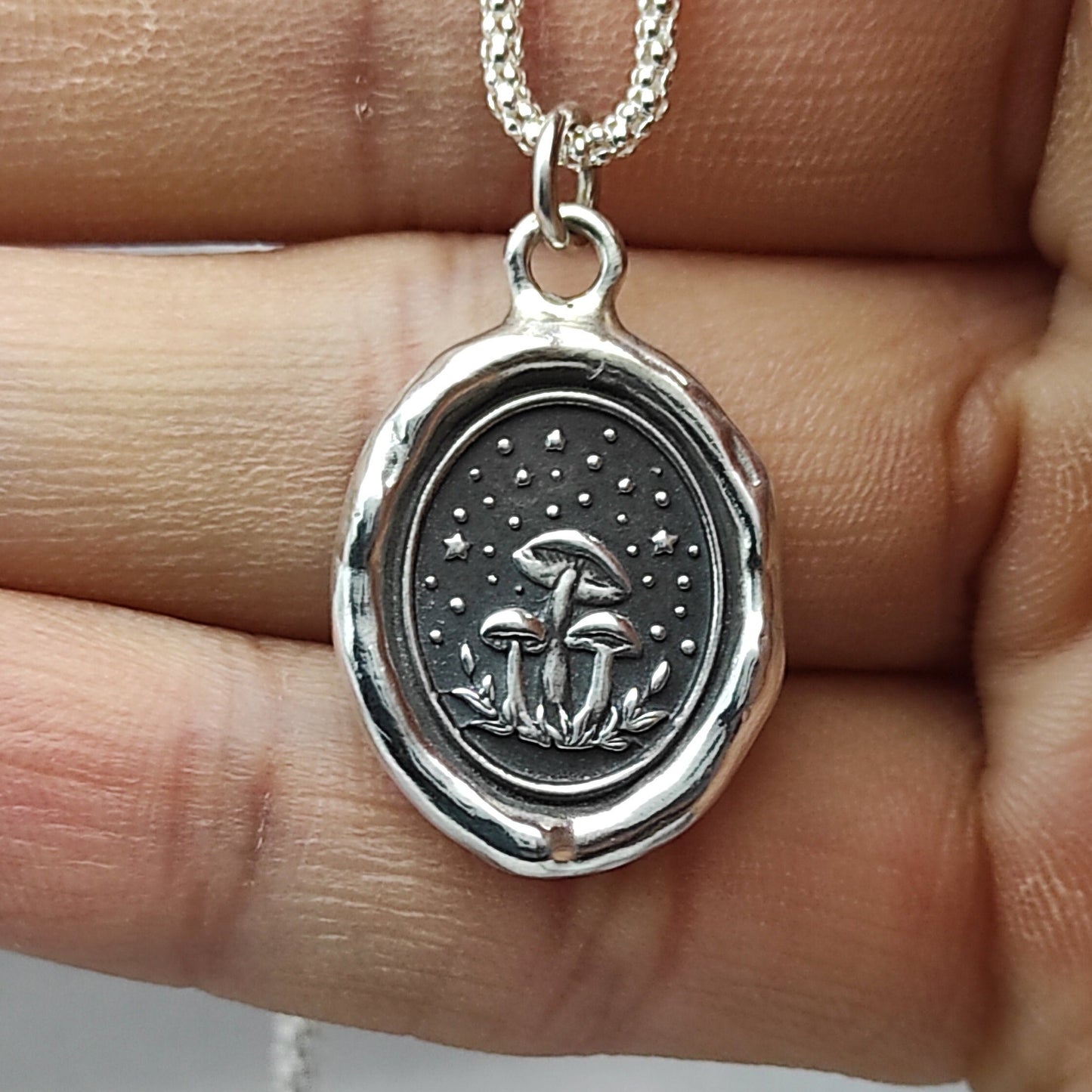 Mushroom Necklace, Wax Seal Celestial Star Pendant, Handmade Silver Charm, Intaglio Seal Heirloom, Original Design Liliane Ting LT006