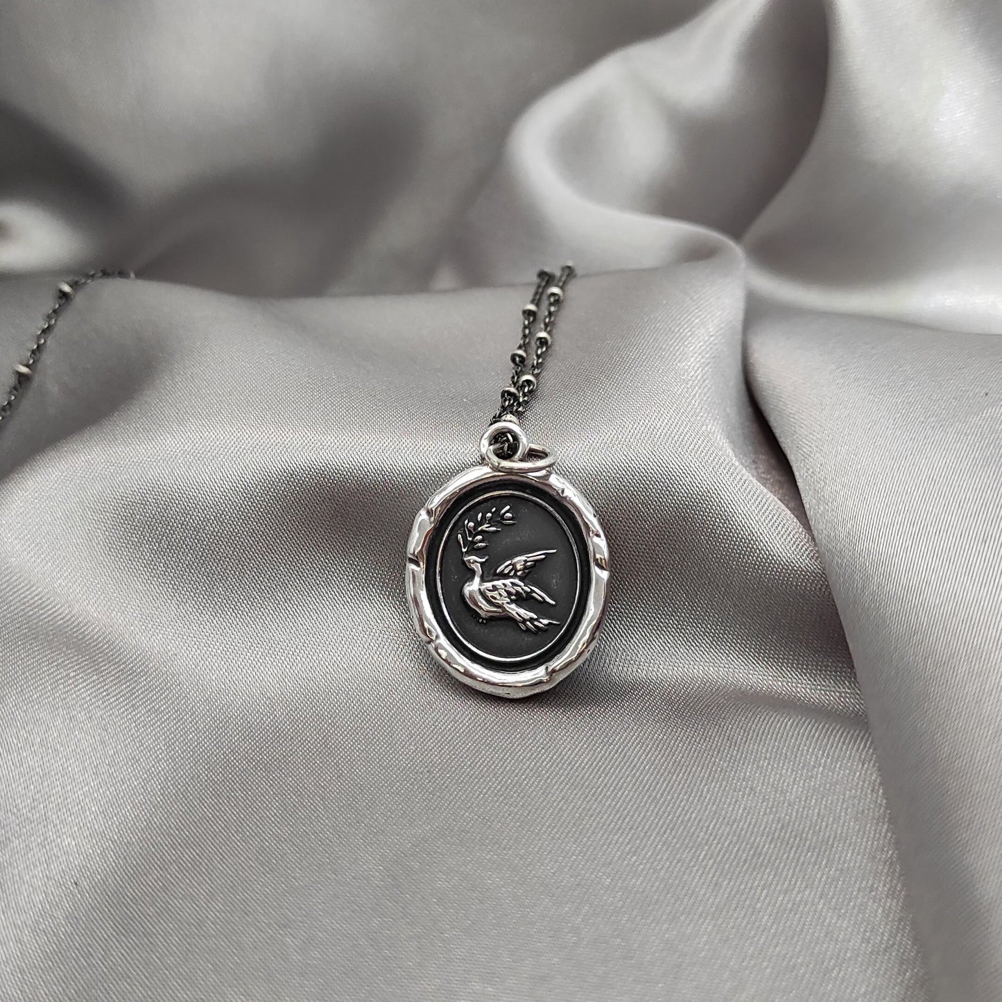 Dove Olive Pendant, Wax Seal Bird Necklace, Handmade Silver Charm, Intaglio Seal Heirloom, Original Design Liliane Ting Studio LT057