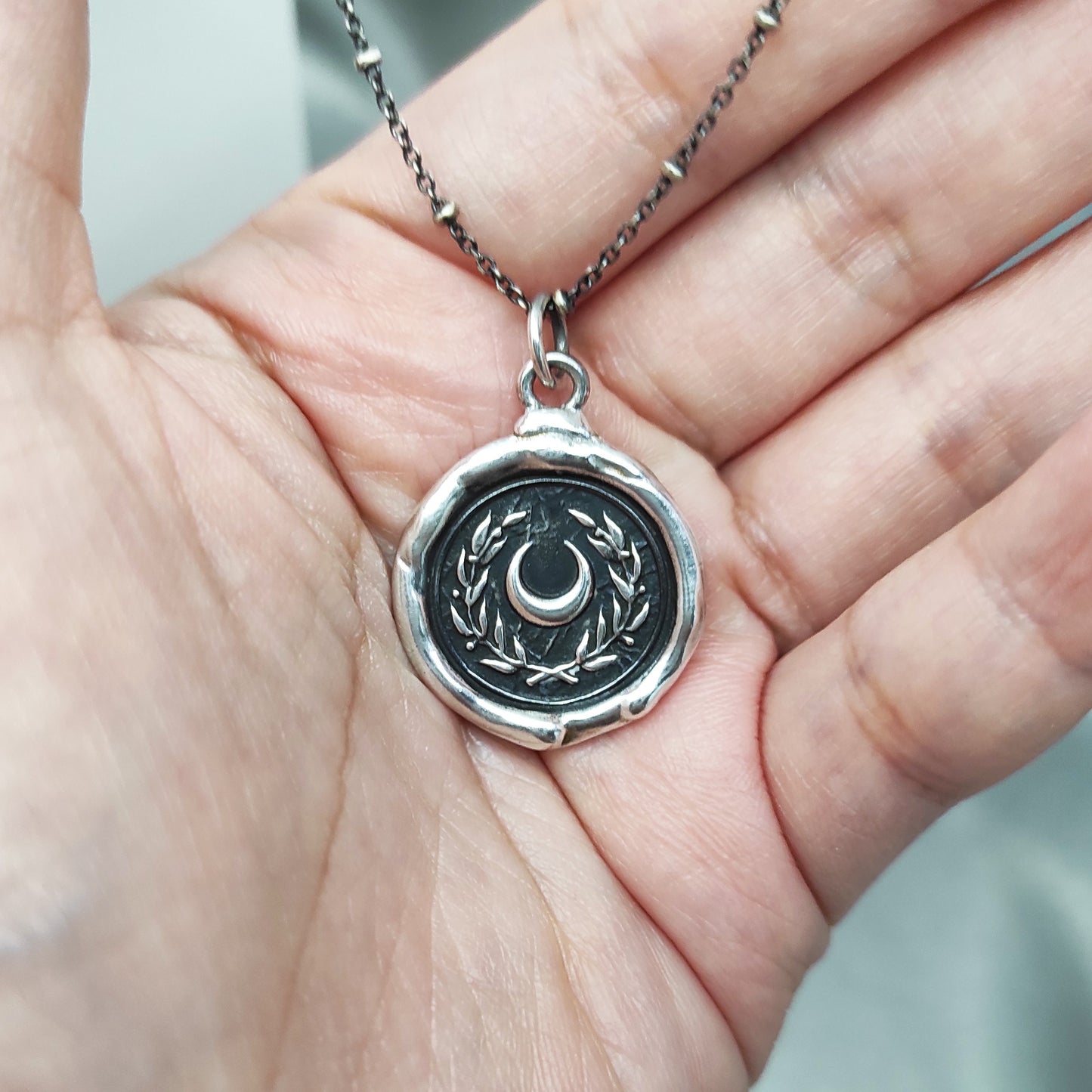 Crescent Moon Silver Pendant, Wreath Wax Seal Necklace, Handmade Silver Charm, Intaglio Seal Heirloom, Original Design Liliane Ting LT018