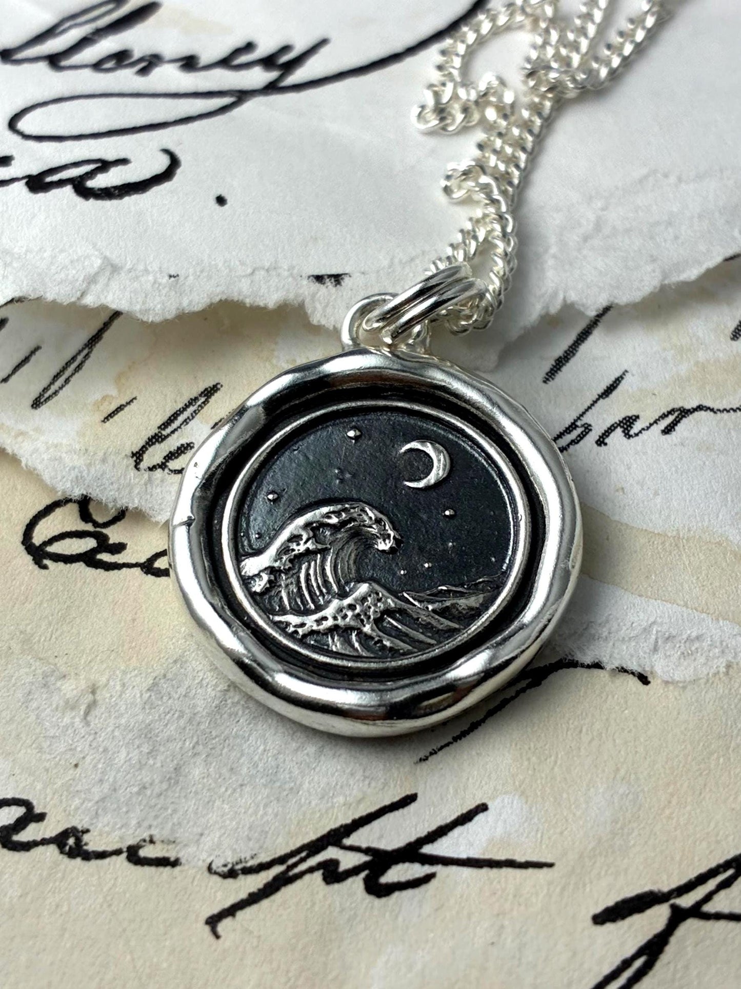 Ocean Wave & Crescent Moon Necklace • Wax Seal Silver Pendant • Nautical Keepsake • Original Design by Liliane Ting