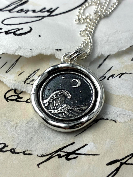 Ocean Wave & Crescent Moon Necklace • Wax Seal Silver Pendant • Nautical Keepsake • Original Design by Liliane Ting