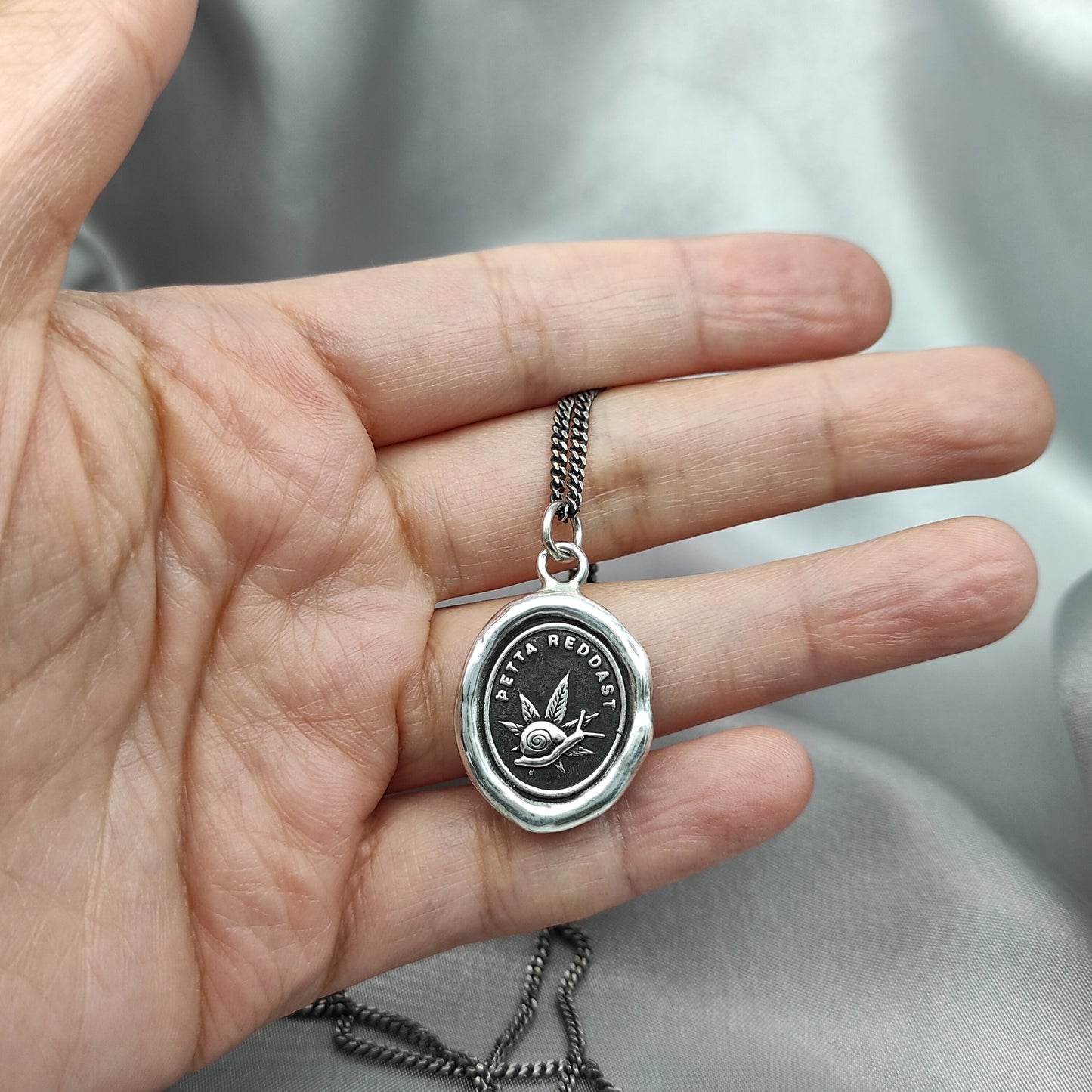 Snail Leaf Wax Seal Necklace Pendant, Handmade Silver Talisman, Intaglio Seal Heirloom, Original Design Liliane Ting LT066