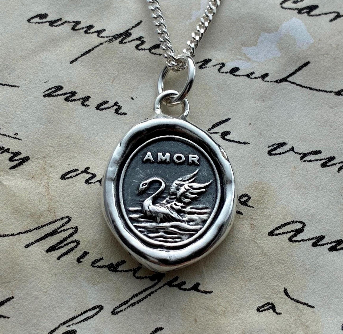 Swan Amor Love Wax Seal Necklace Pendant, Handmade Silver Talisman, Intaglio Seal Heirloom Original Design LT042