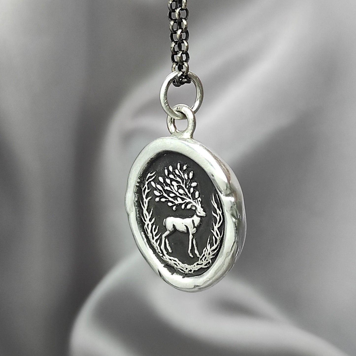Woodland Deer Necklace, Wax Seal Pendant, Handmade Silver Talisman, Intaglio Seal Heirloom, Original Design Liliane Ting LT043