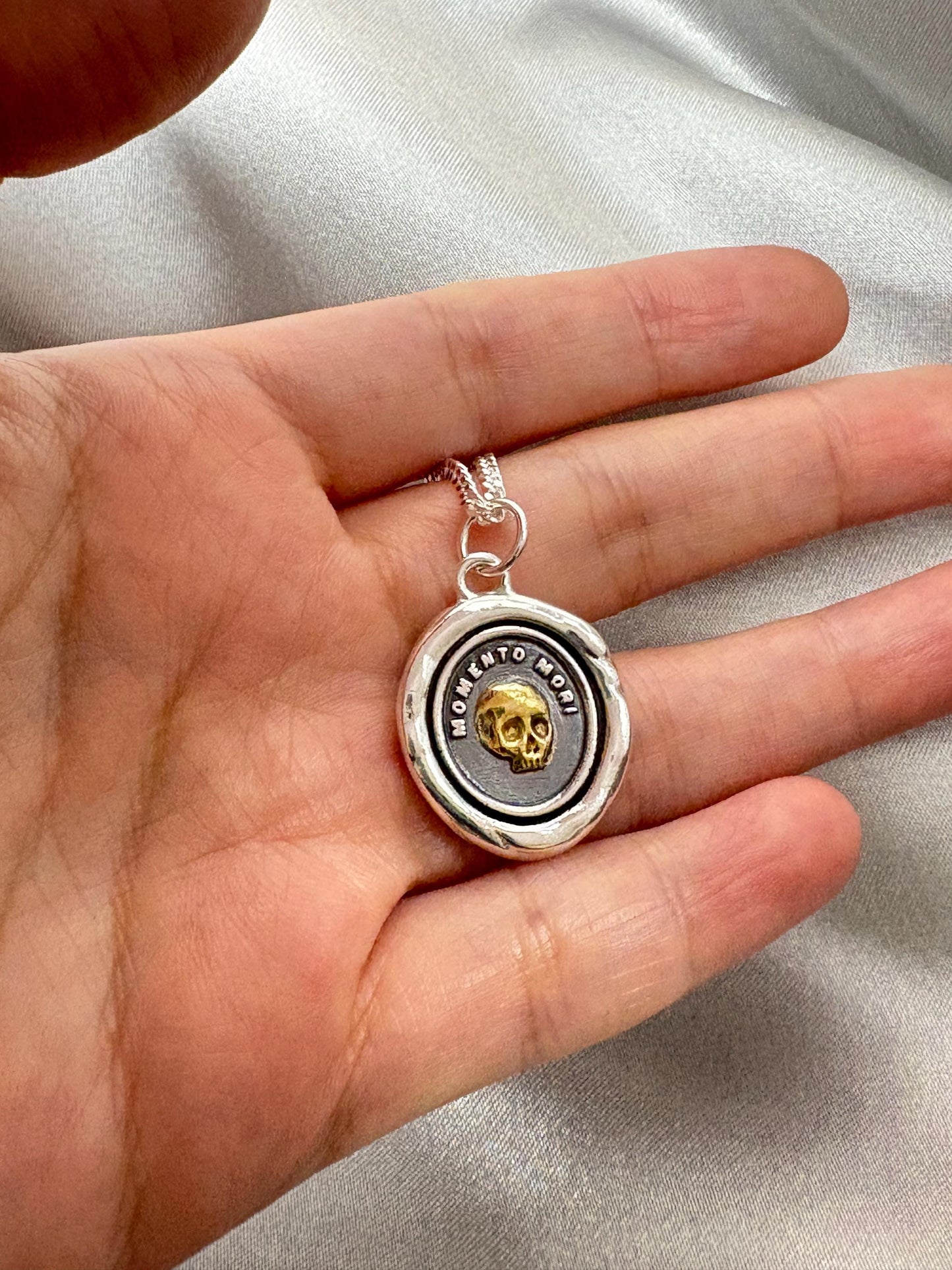 Skull Necklace, Wax Seal Silver Pendant, 22K Gold Overlay Silver, Handmade, Intaglio Seal Heirloom, Original Design Liliane Ting LT106