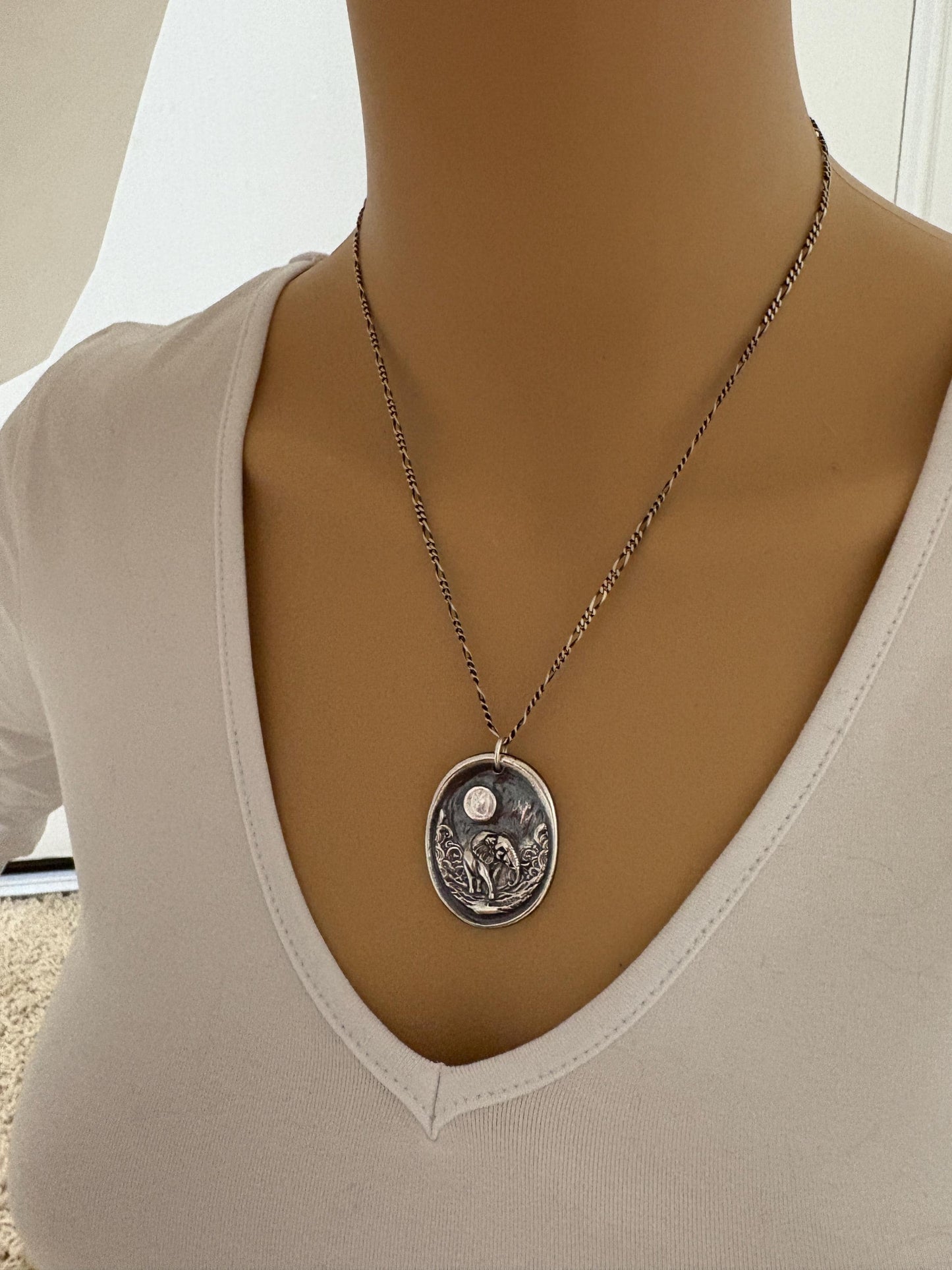 Elephant Necklace, Moon Celestial Wax Seal Pendant, Handmade Silver Talisman, Intaglio Seal Heirloom, Original Design Liliane Ting LT0144