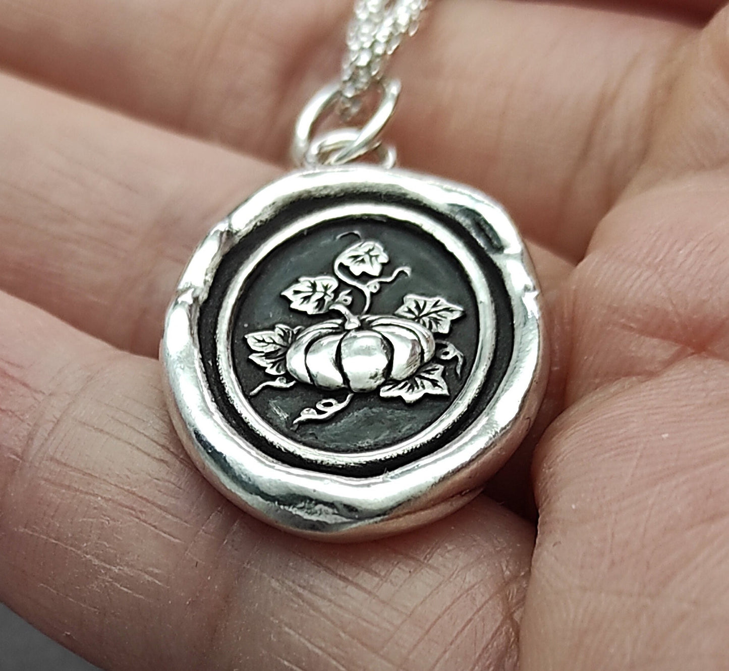 Pumpkin Harvest Wax Seal Necklace Pendant, Handmade Silver Talisman, Intaglio Seal Heirloom, Original Design by Liliane Ting LT069