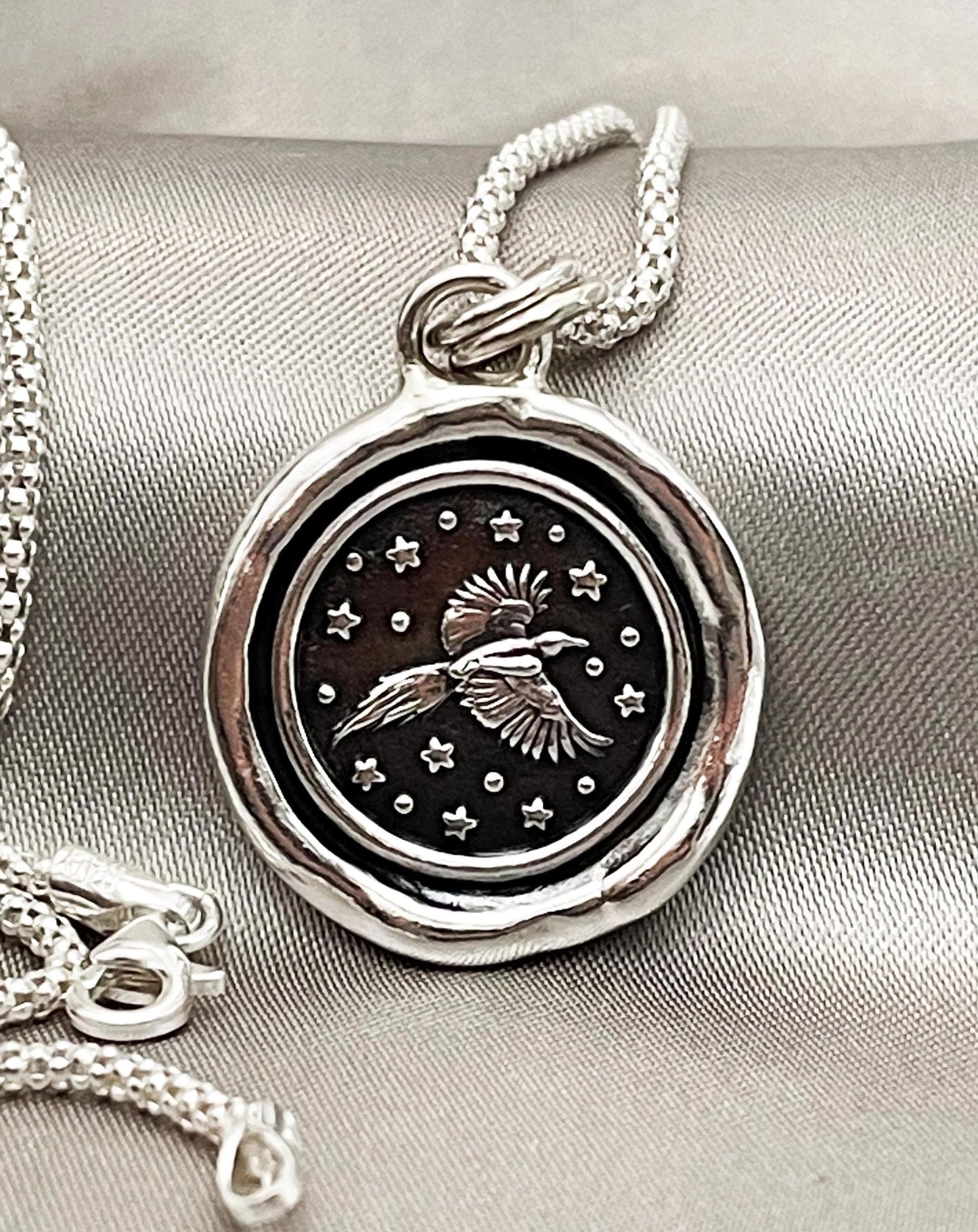 Soaring Bird Celestial Star Wax Seal Necklace Pendant, Handmade Silver Talisman, Intaglio Seal Heirloom, Original Design LT091
