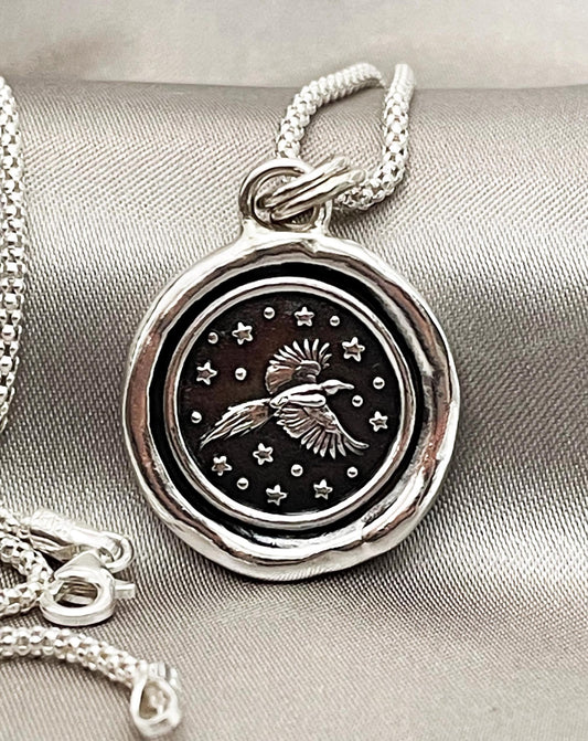 Soaring Bird Celestial Star Wax Seal Necklace Pendant, Handmade Silver Talisman, Intaglio Seal Heirloom, Original Design LT091