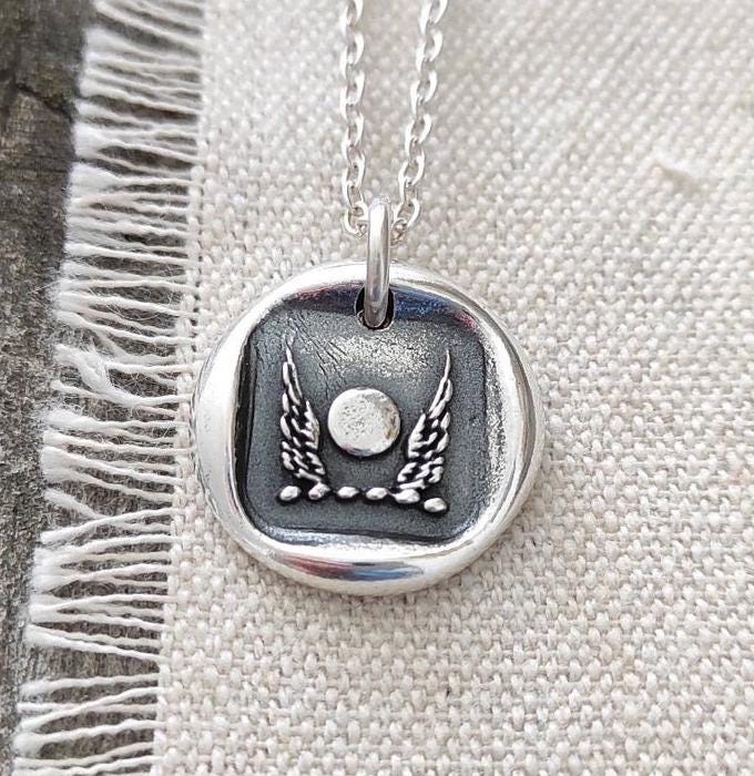 Wax Seal Necklace Pendant/Full Moon Angel Wings/Handmade Silver/Intaglio Seal Heirloom Original Design LT049
