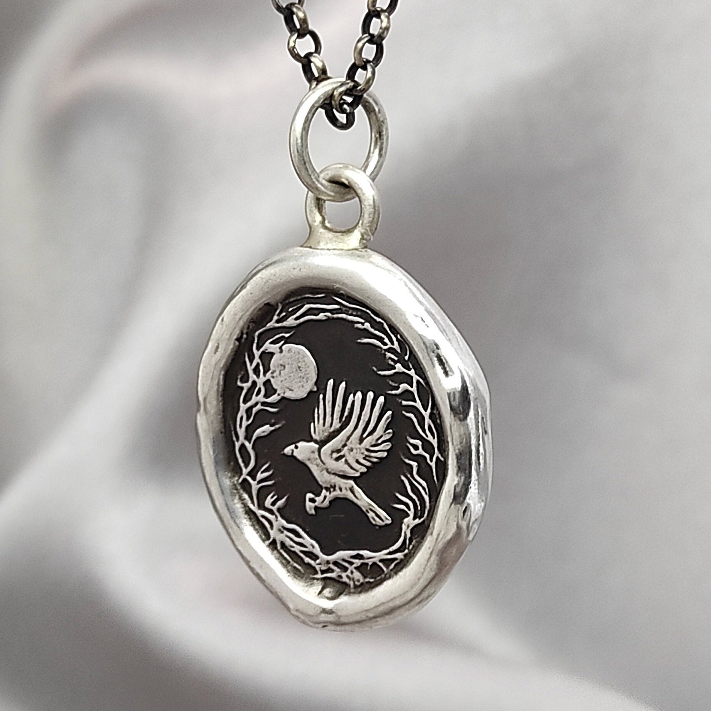 Woodland Crow Wax Seal Necklace Pendant, Handmade Silver Talisman, Intaglio Seal Heirloom, Original Design Liliane Ting LT024