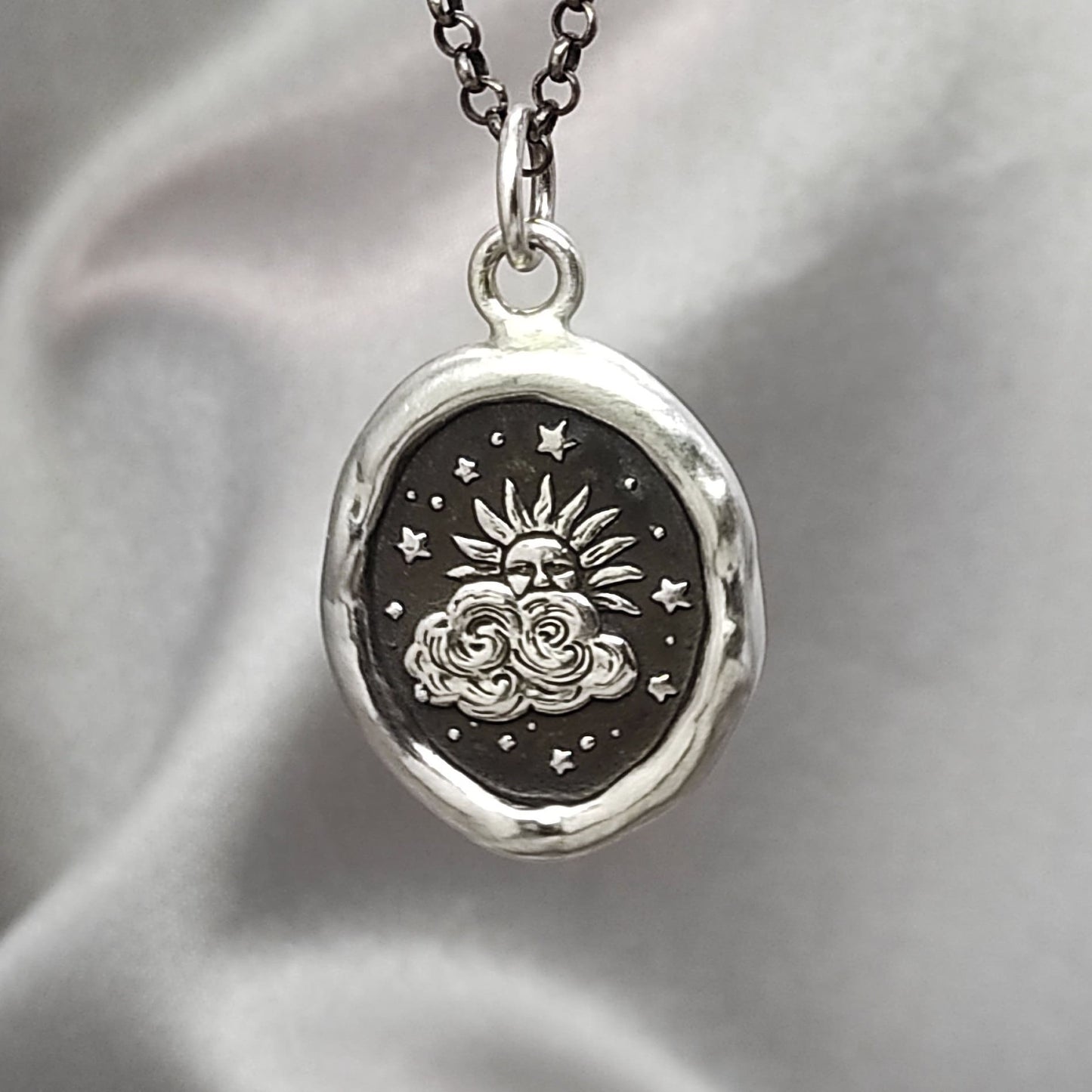 Sun Cloud Star Celestial Pendant, Wax Seal Necklace, Handmade Silver Charm, Intaglio Seal Heirloom, Original Design Liliane Ting LT055