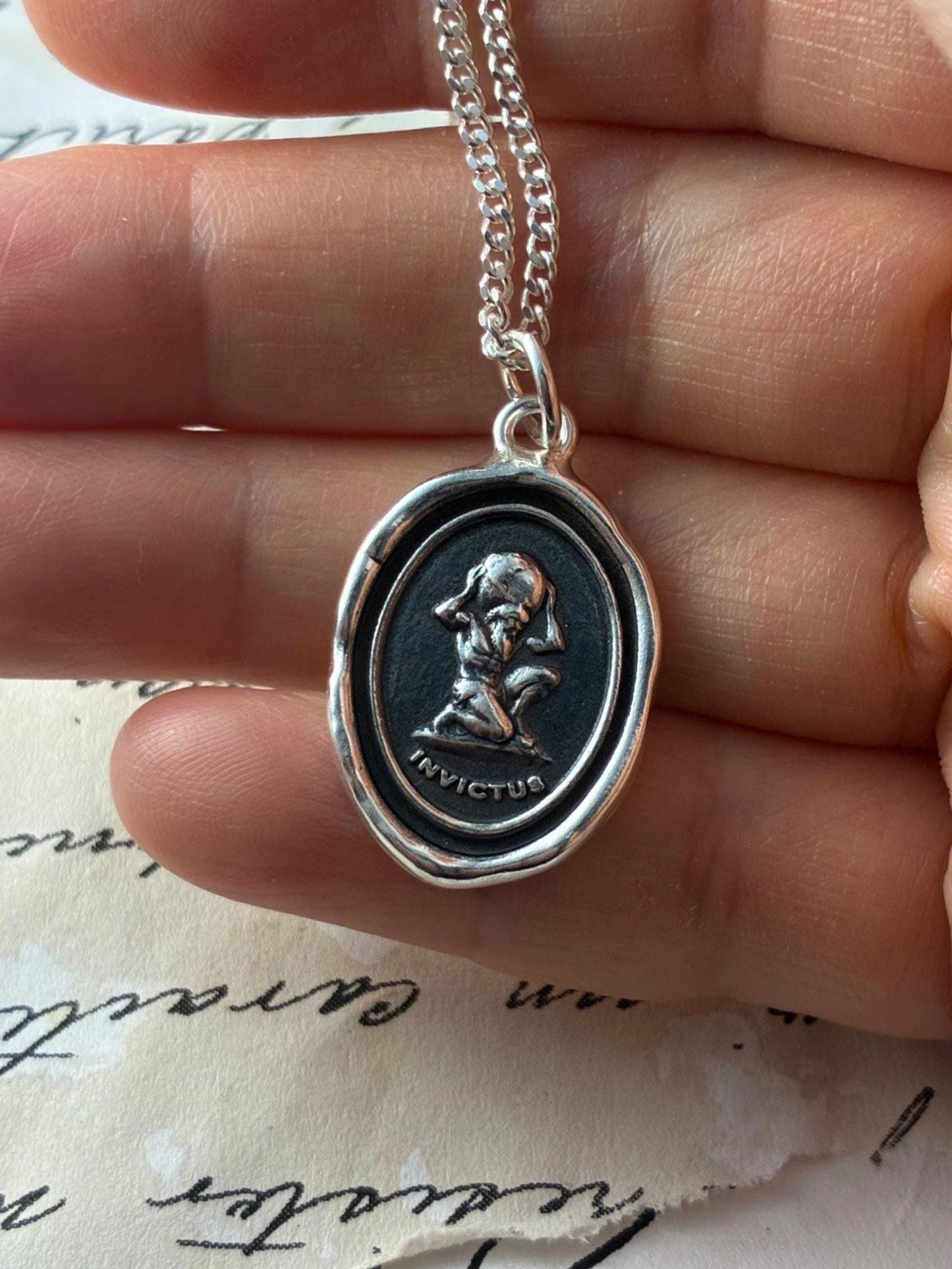 Invictus Atlas Necklace • Wax Seal Silver Pendant • Strength, Resilience & Unconquered Spirit Jewelry • Original Design by Liliane Ting