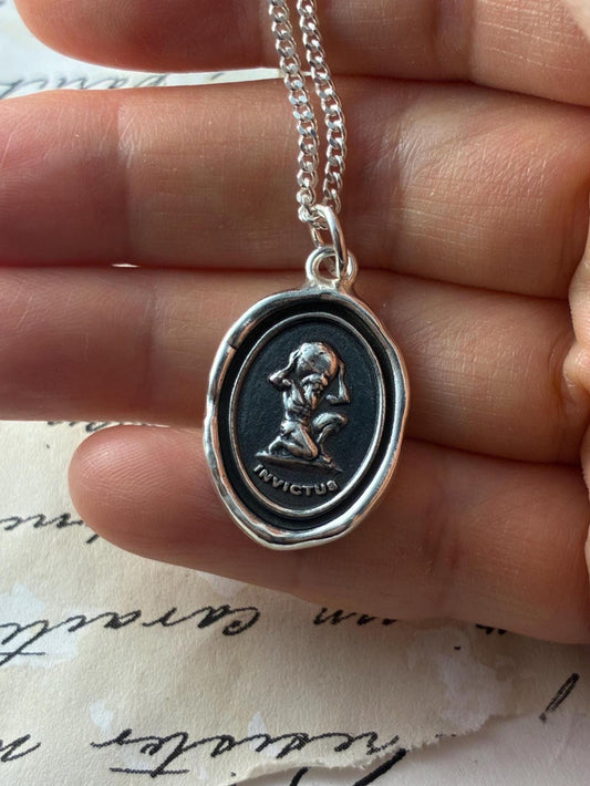 Invictus Atlas Necklace • Wax Seal Silver Pendant • Strength, Resilience & Unconquered Spirit Jewelry • Original Design by Liliane Ting
