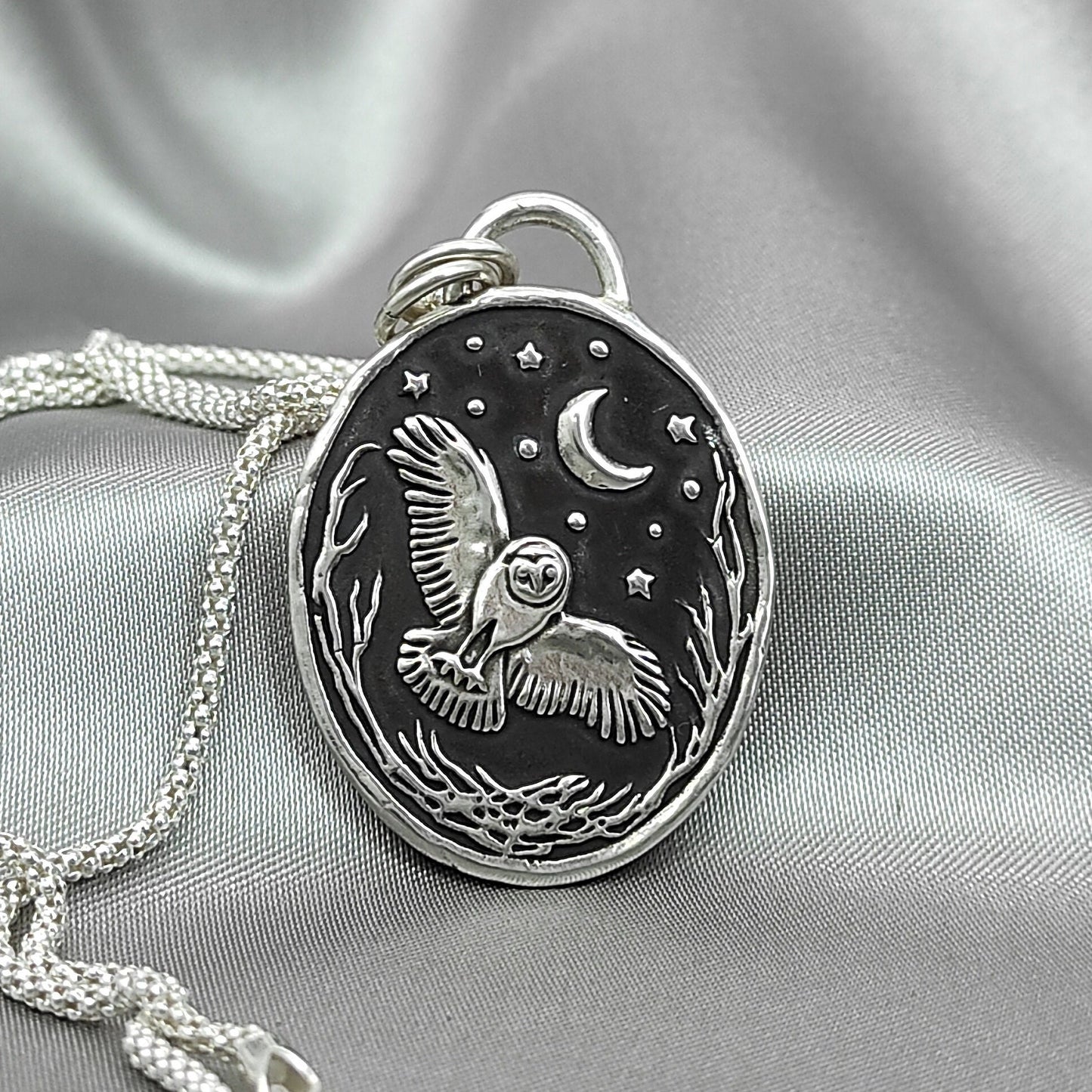 Silver Owl Celestial Pendant, Wax Seal Starry Night Necklace, Handmade Silver Charm, Intaglio Seal Heirloom, Original Design LT068