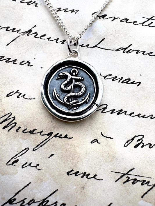 Anchor Serpent Wax Seal Necklace • Solid Silver Pendant of Strength • Inner Wisdom • Handmade Nautical Jewelry by Liliane Ting