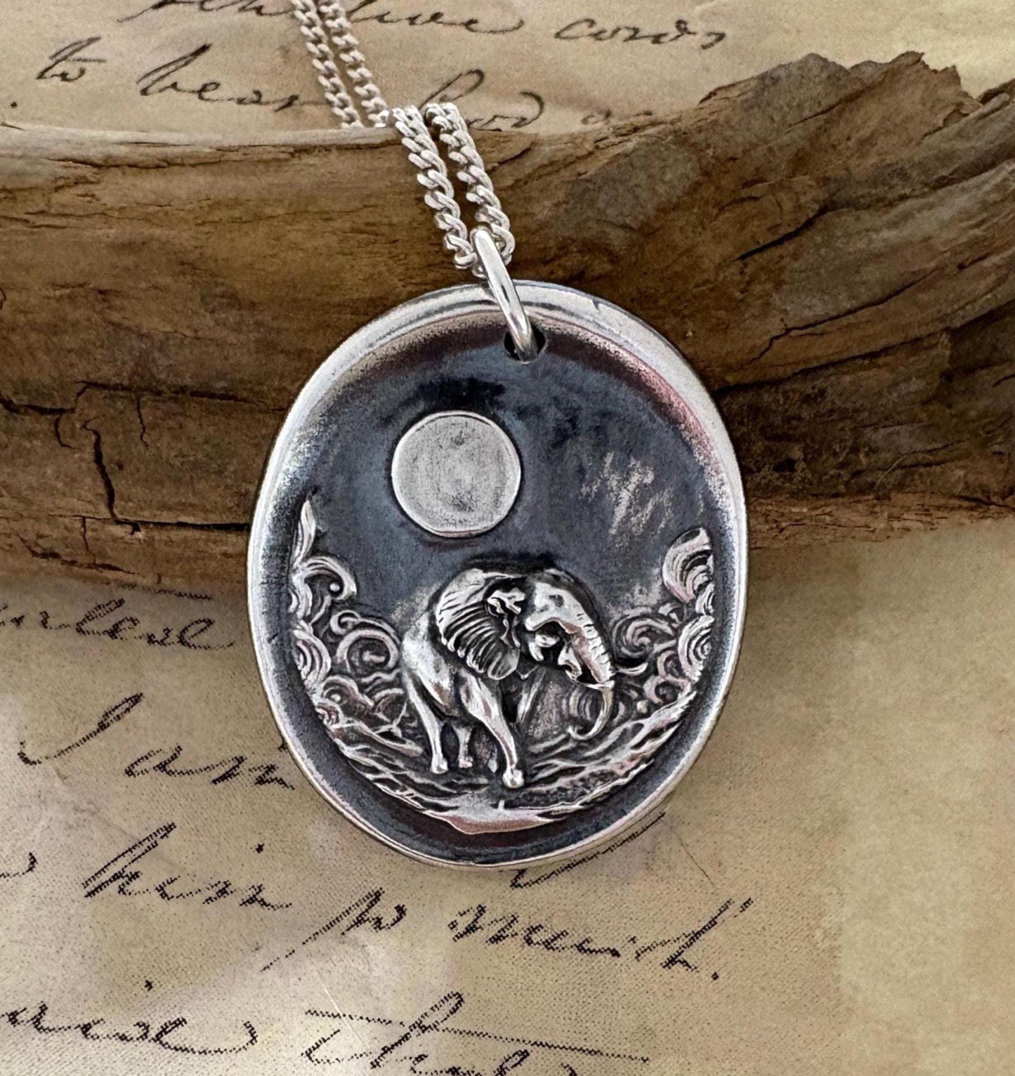 Elephant Necklace, Moon Celestial Wax Seal Pendant, Handmade Silver Talisman, Intaglio Seal Heirloom, Original Design Liliane Ting LT0144