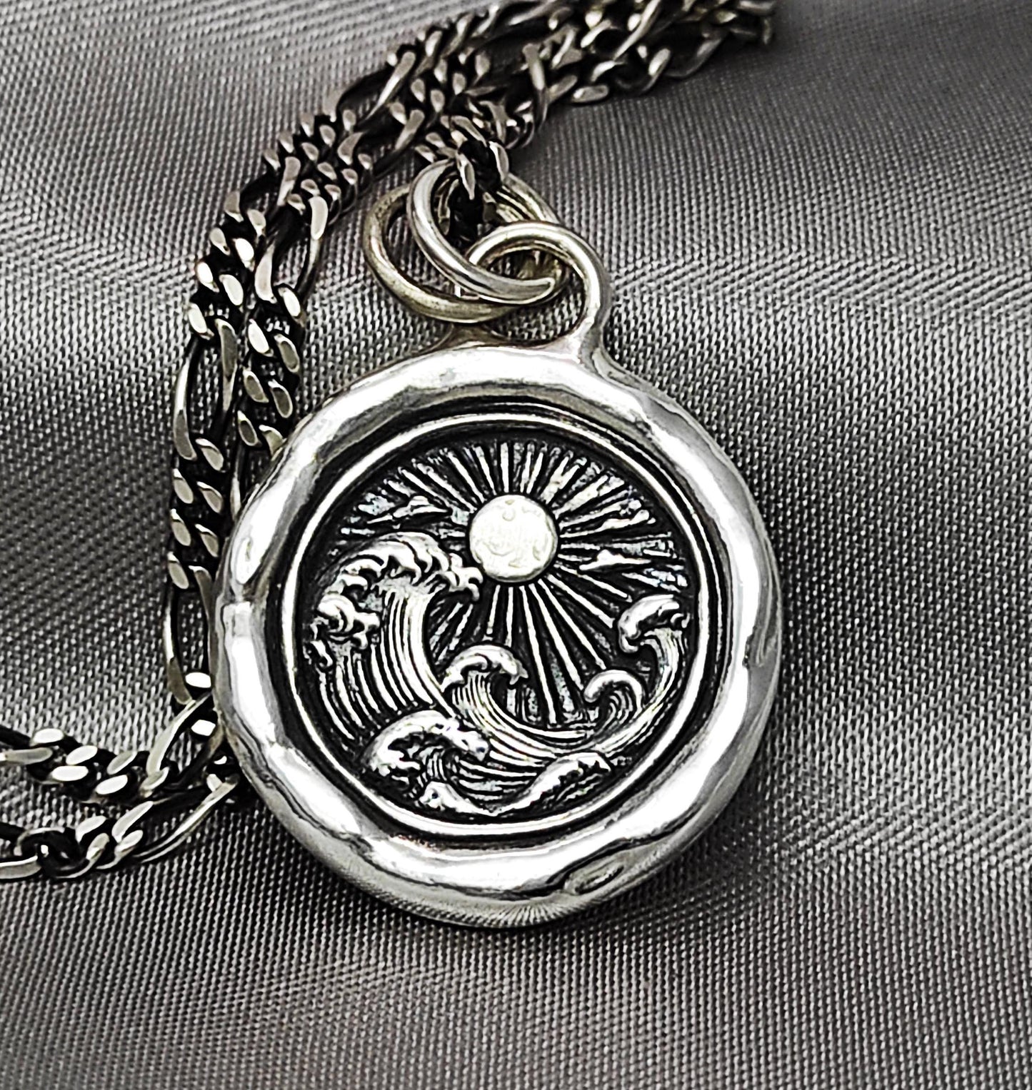 Ocean Wave Sun Wax Seal Necklace Pendant, Handmade Silver Talisman, Intaglio Seal Heirloom, Original Design by Liliane Ting 085