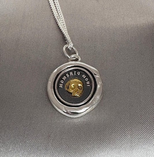 Skull Necklace, Wax Seal Silver Pendant, 22K Gold Overlay Silver, Handmade, Intaglio Seal Heirloom, Original Design Liliane Ting LT106