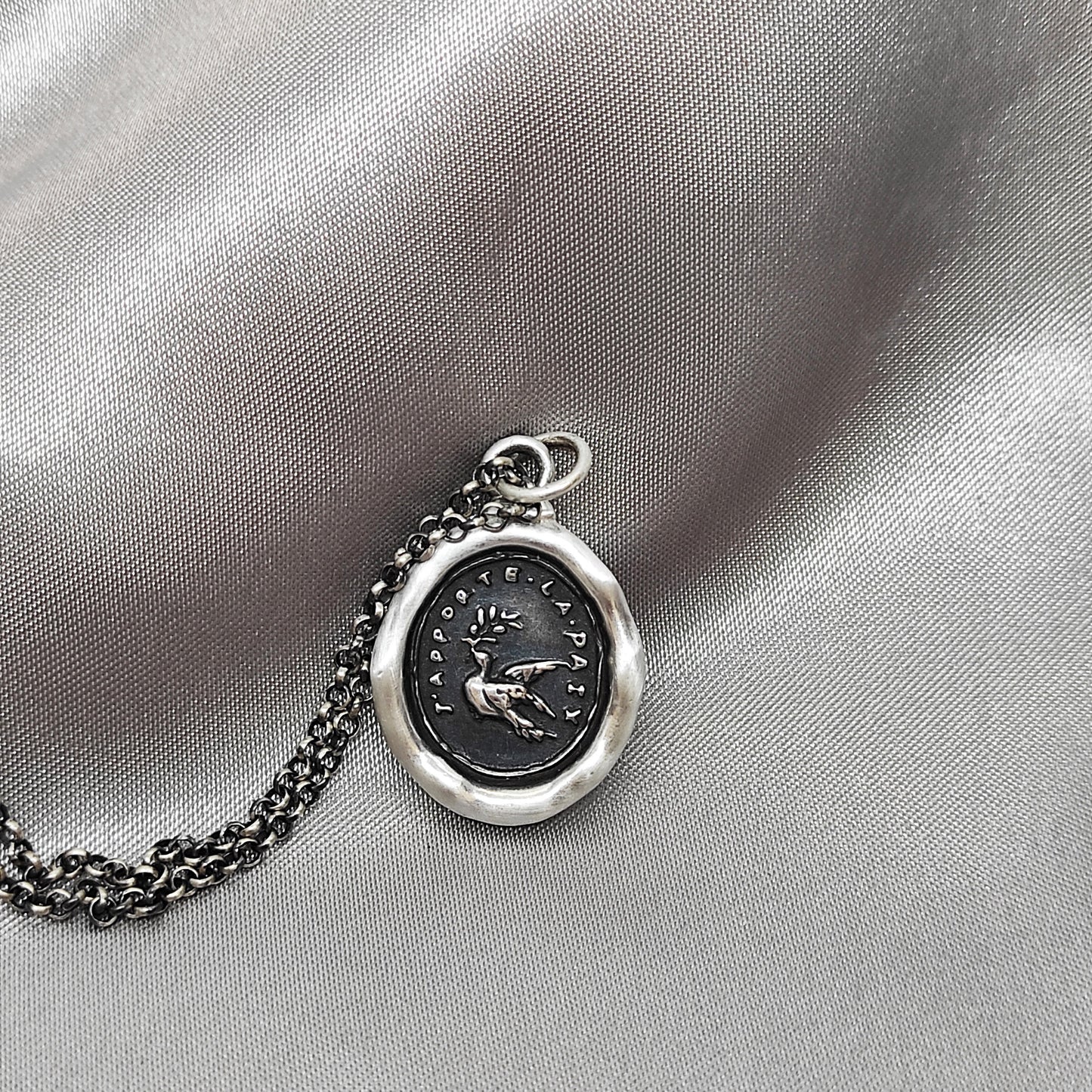 Dove Olive Branch Peace Love Wax Seal Necklace Pendant, Handmade Silver Talisman, Intaglio Seal Heirloom Original Design LT011