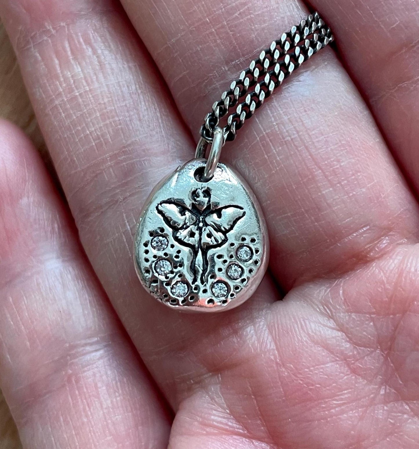 Luna Moth CZ Stone Silver Stamped Pendant Necklace, Handmade Silver Charm, Original Design by Liliane Ting