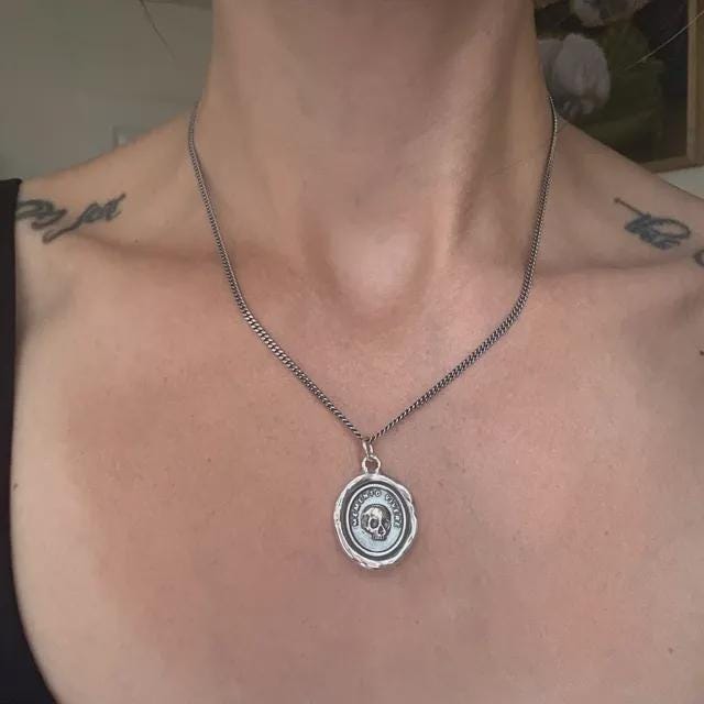 Skull Memento Wax Seal Necklace Pendant, Handmade Silver Talisman, Intaglio Seal Heirloom, Original Design Liliane Ting Studio LT029