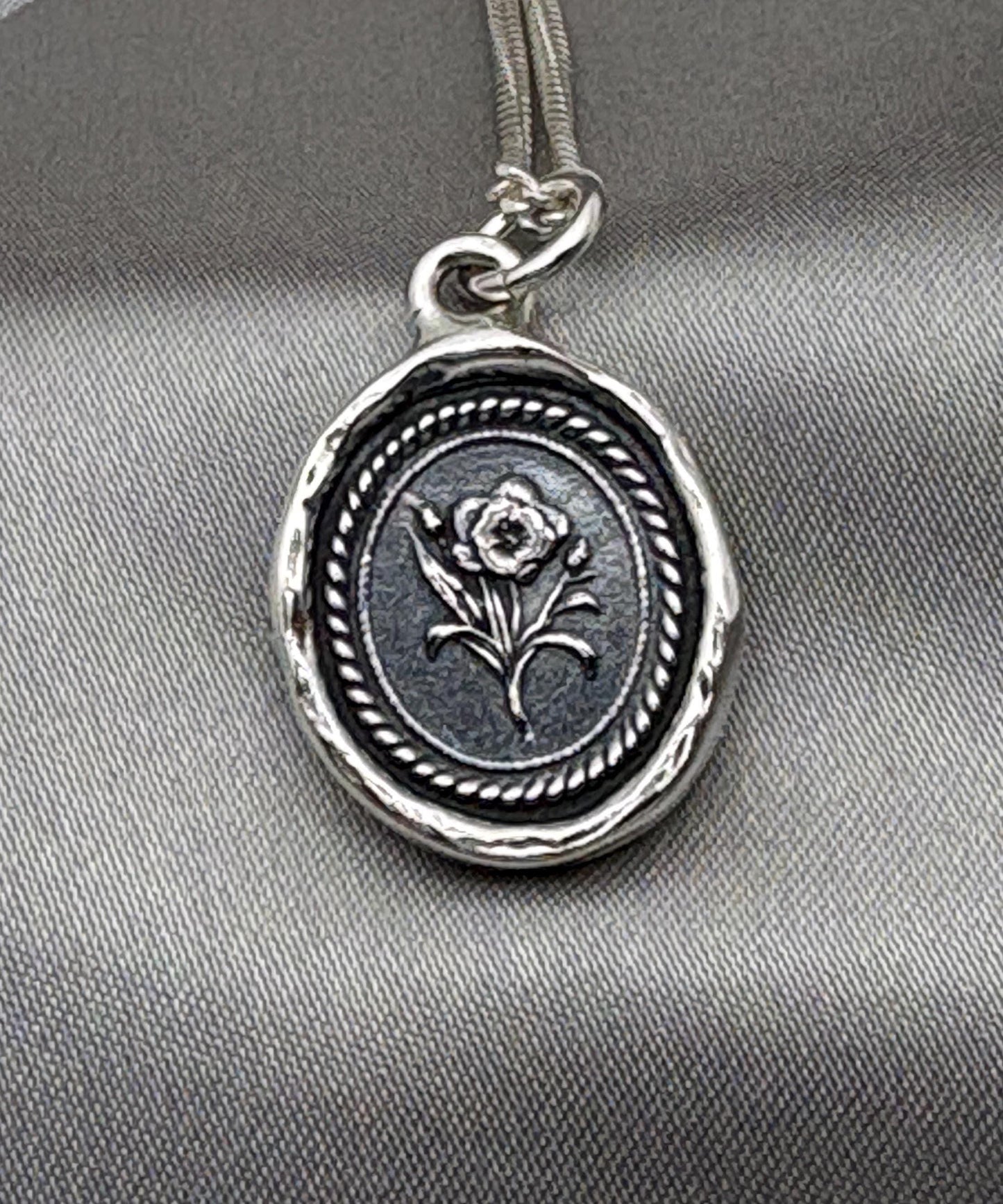 Daffodil Pendant – Wax Seal Botanical Necklace, Flower Charm, Handmade Silver Intaglio Seal Heirloom, Original Design Liliane Ting Studio