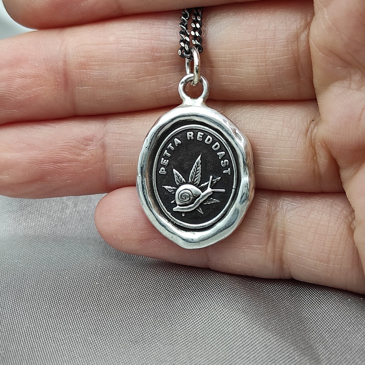 Snail Leaf Wax Seal Necklace Pendant, Handmade Silver Talisman, Intaglio Seal Heirloom, Original Design Liliane Ting LT066