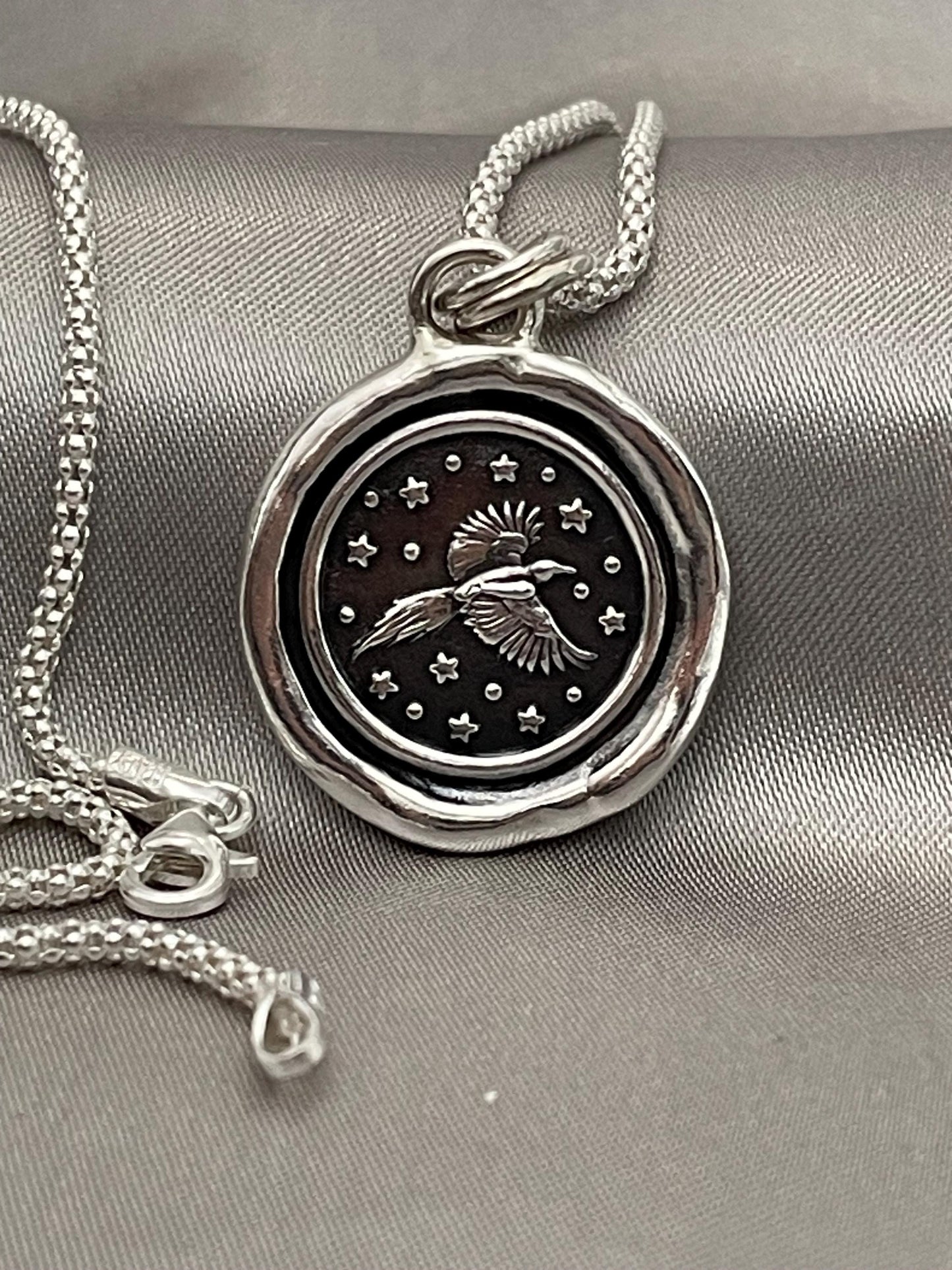 Soaring Bird Celestial Star Wax Seal Necklace Pendant, Handmade Silver Talisman, Intaglio Seal Heirloom, Original Design LT091