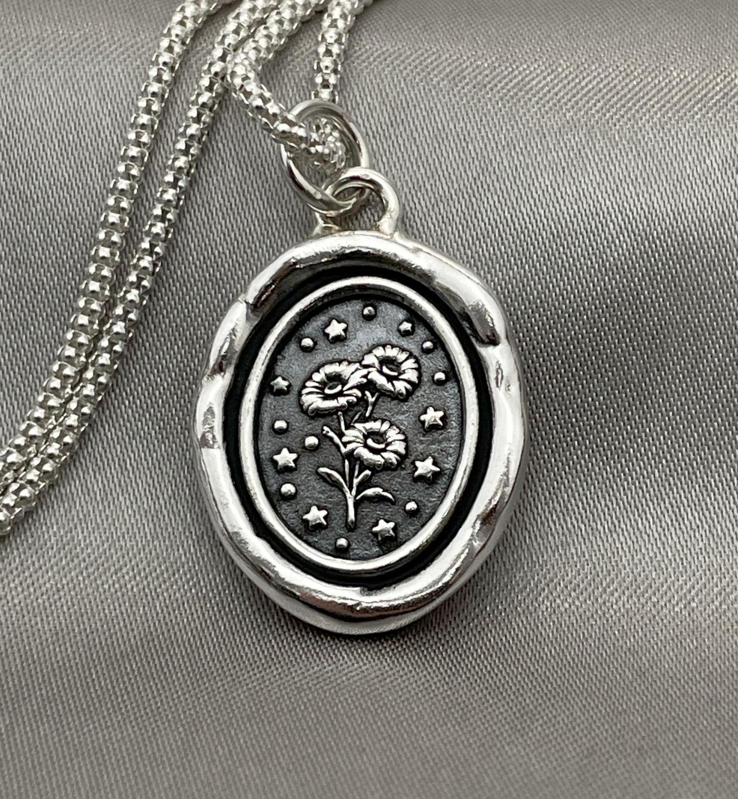 Daisy Flower Necklace, Celestial Star Wax Seal Pendant, Handmade Silver Talisman, Intaglio Seal Heirloom, Original Design LT089
