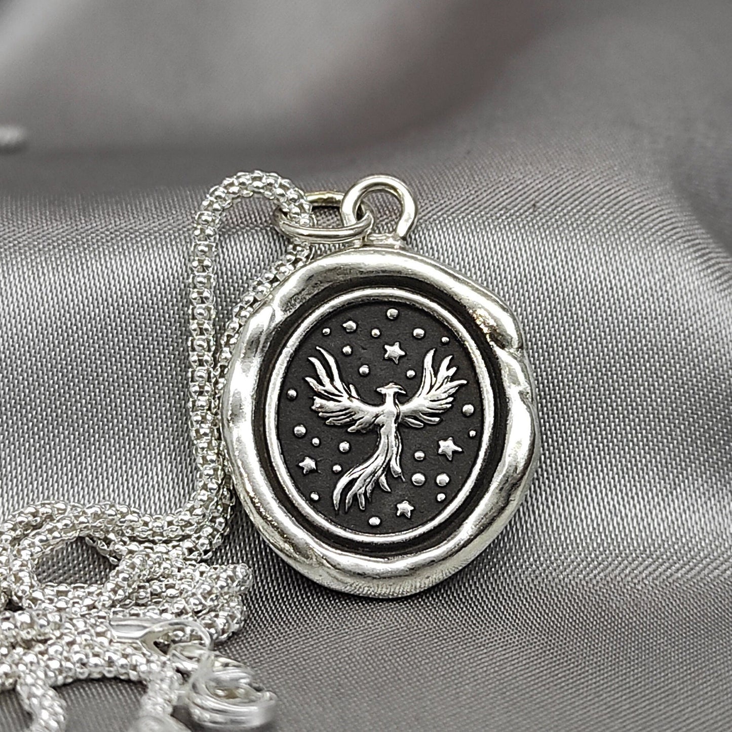 Phoenix Necklace, Fire Celestial Star Wax Seal Pendant, Handmade Silver Talisman, Intaglio Seal Heirloom, Original Design LT Studio LT021