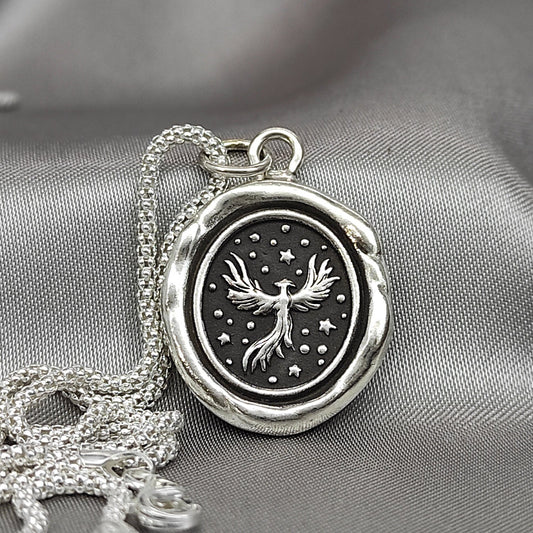 Phoenix Necklace, Fire Celestial Star Wax Seal Pendant, Handmade Silver Talisman, Intaglio Seal Heirloom, Original Design LT Studio LT021