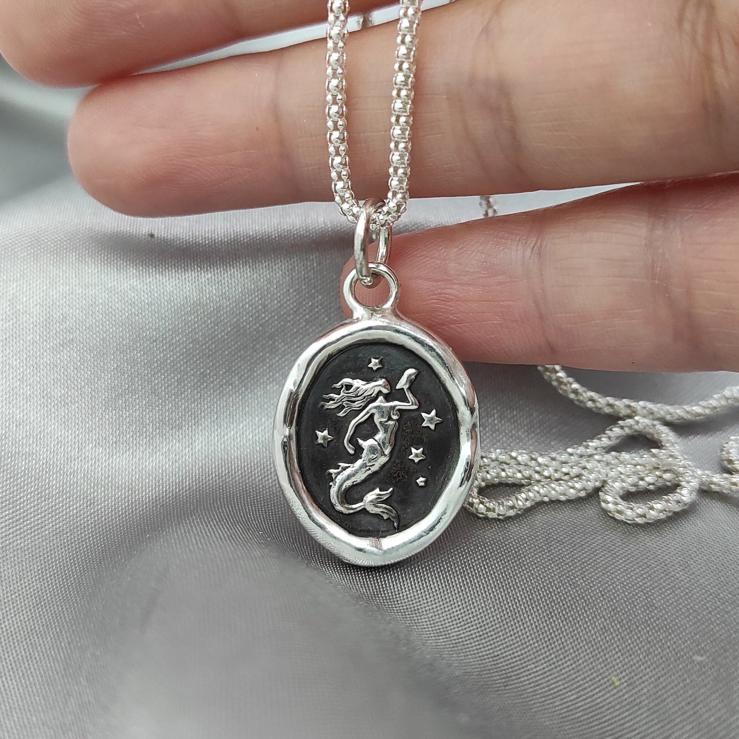 Mermaid Celestial Wax Seal Necklace Pendant, Handmade Silver Talisman, Intaglio Seal Heirloom, Original Design Liliane Ting LT073