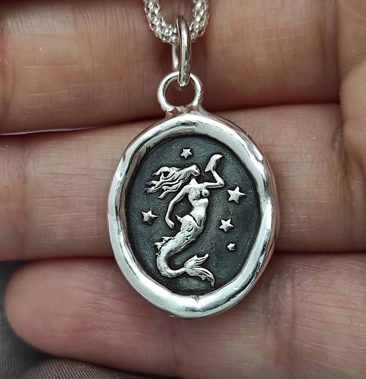 Mermaid Celestial Wax Seal Necklace Pendant, Handmade Silver Talisman, Intaglio Seal Heirloom, Original Design Liliane Ting LT073